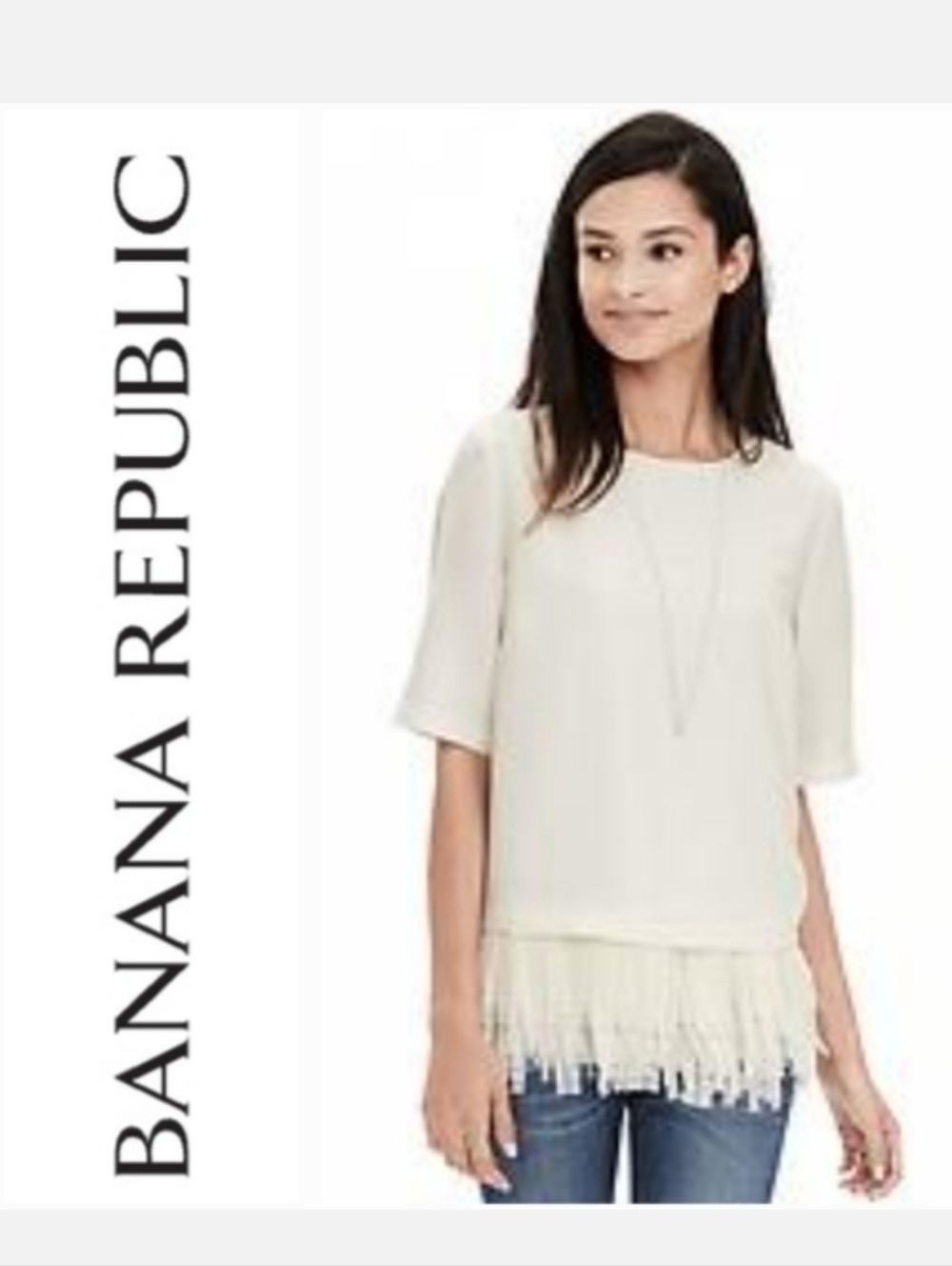 Banana Republic Fringed Crepe Top Short Sleeve Soft Cream Sz L